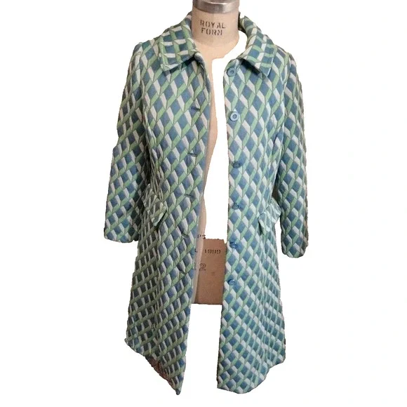 Blue Green & White Woman's Coat Vintage 1960s Textured Knit Large